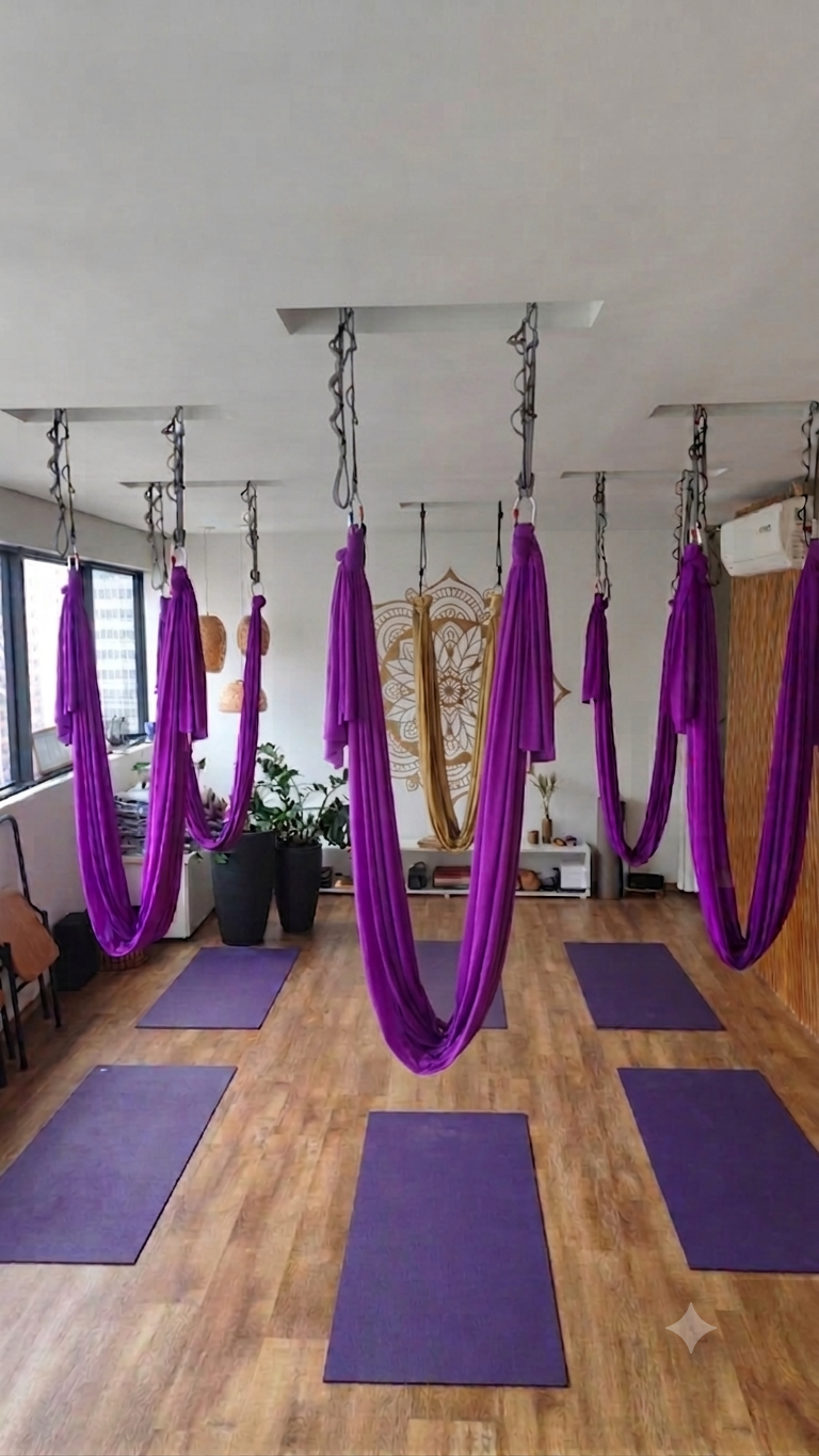 Sala de Yoga Aéreo do Studio Simone Santos com tecidos suspensos
